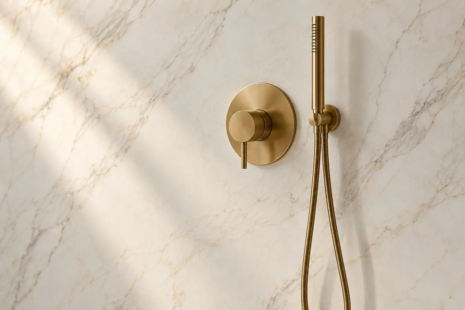 Brushed brass bathroom brassware — concealed shower control with a matching hand shower on a marble wall — custom made in Foshan
