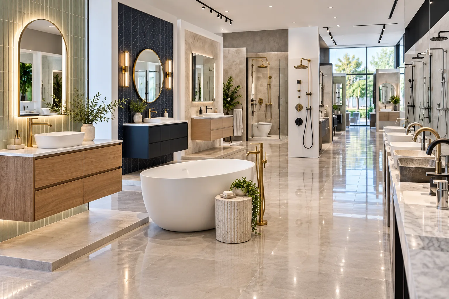 Bathroom vanities, freestanding bathtubs and brassware in our Foshan showroom