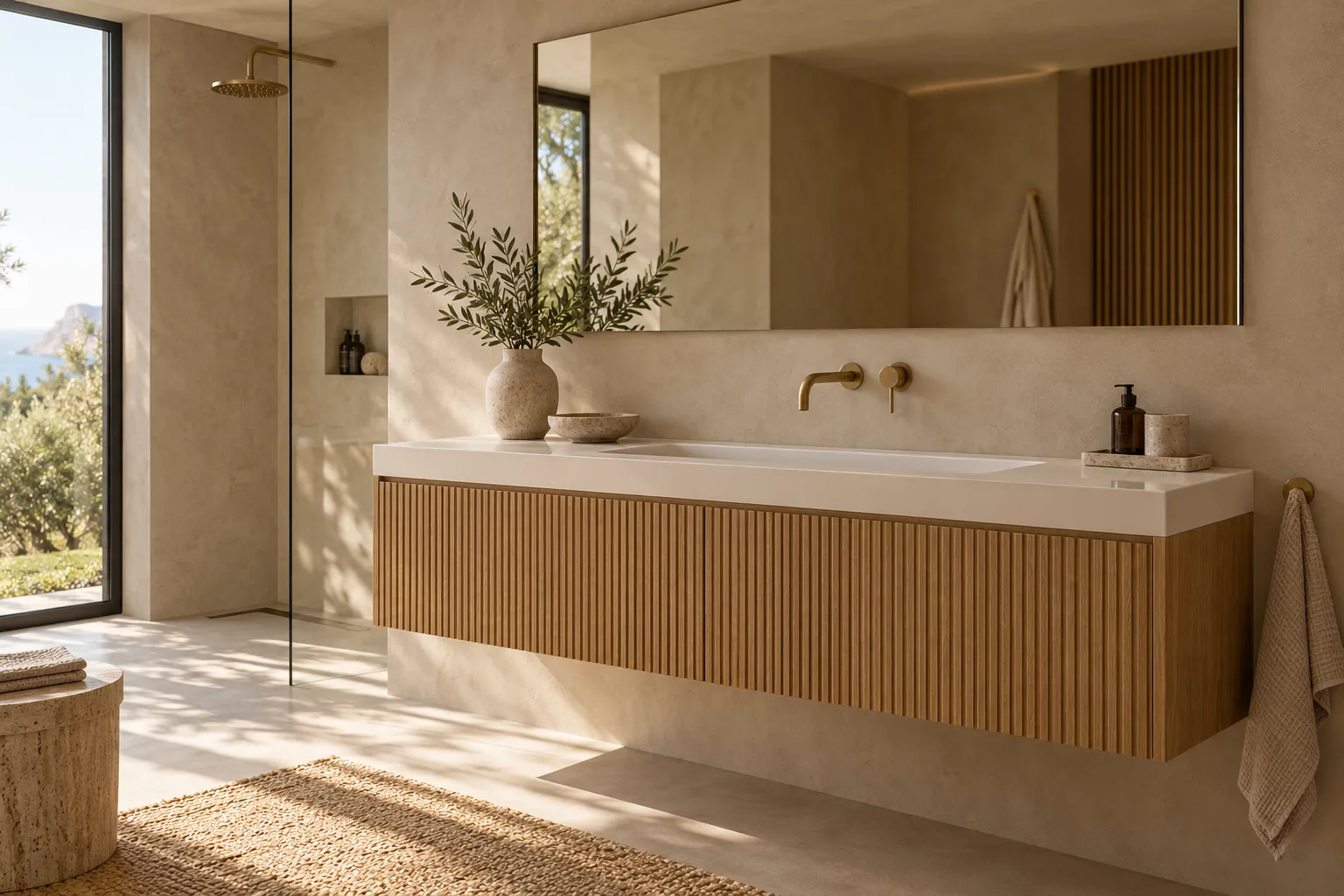 Floating bathroom vanity in fluted oak with integrated basin and brass tap — custom made in Foshan