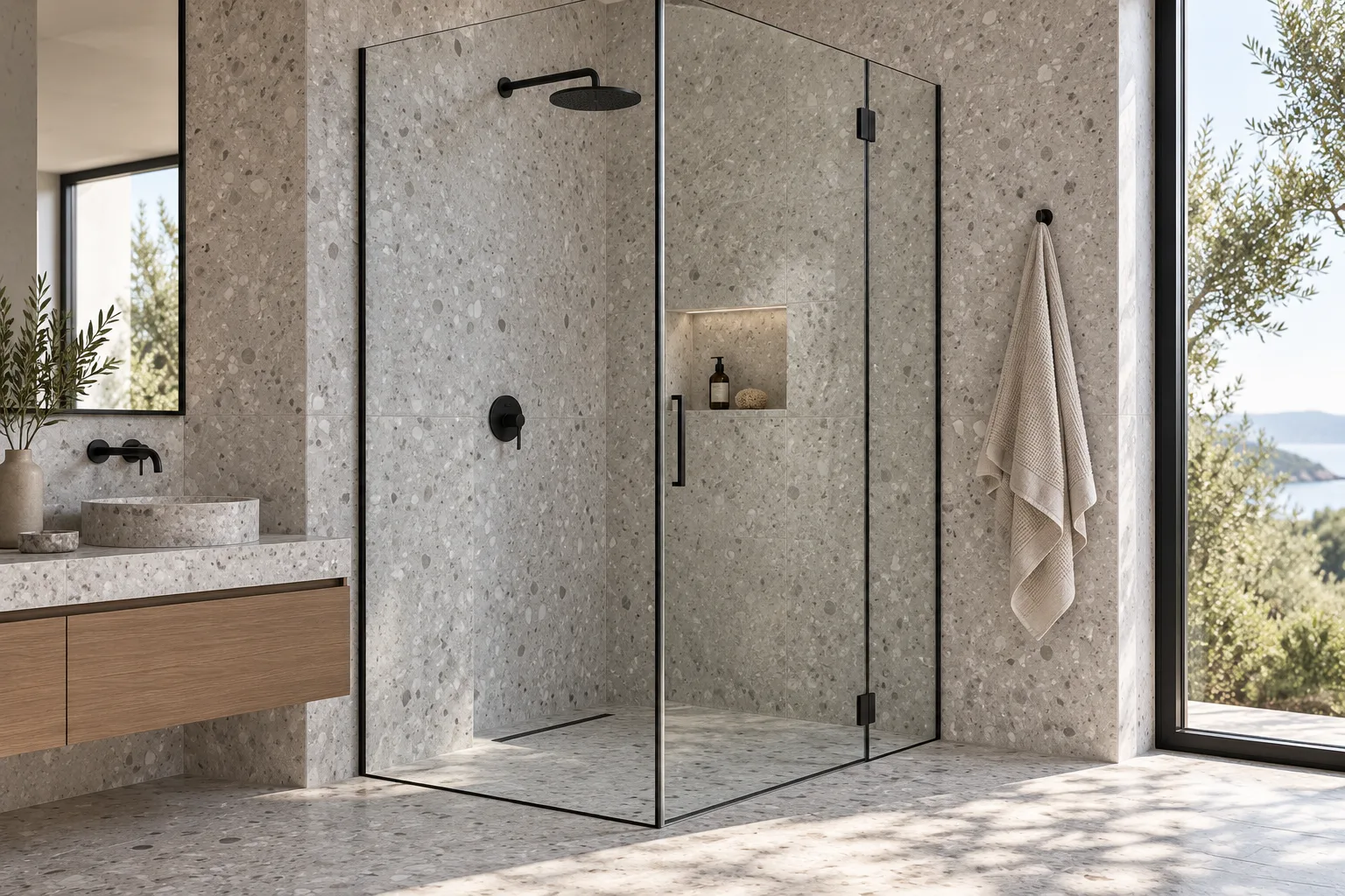 Frameless glass shower enclosure with minimal profiles — custom made in Foshan