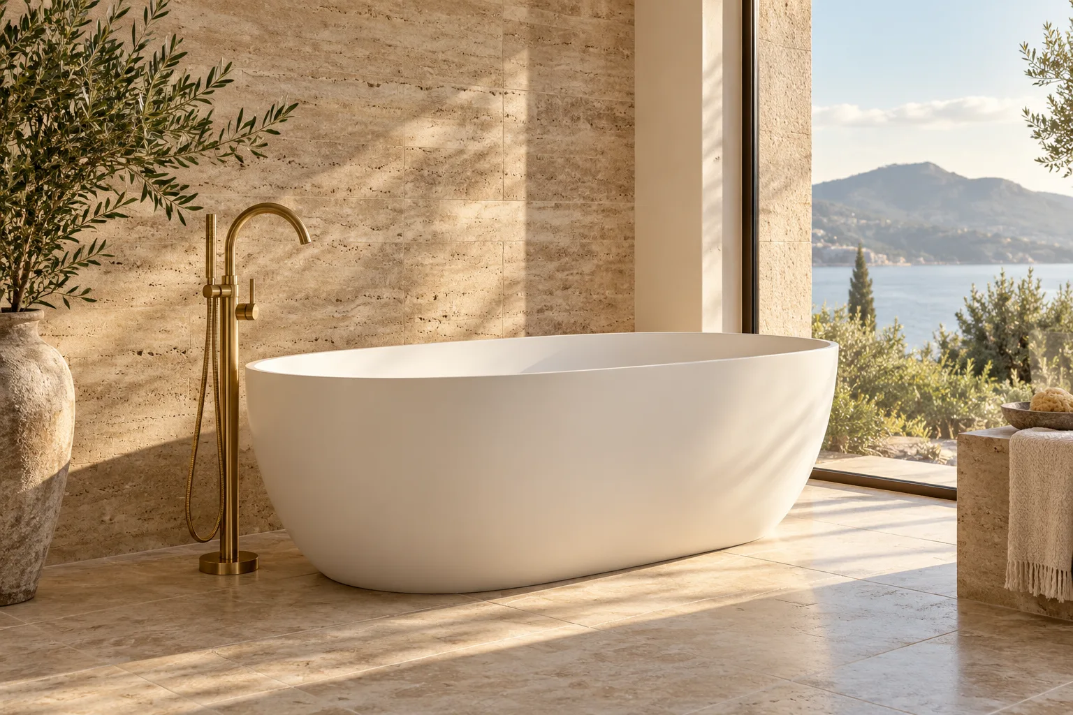 Freestanding oval bathtub with a floor-mounted filler — custom made in Foshan