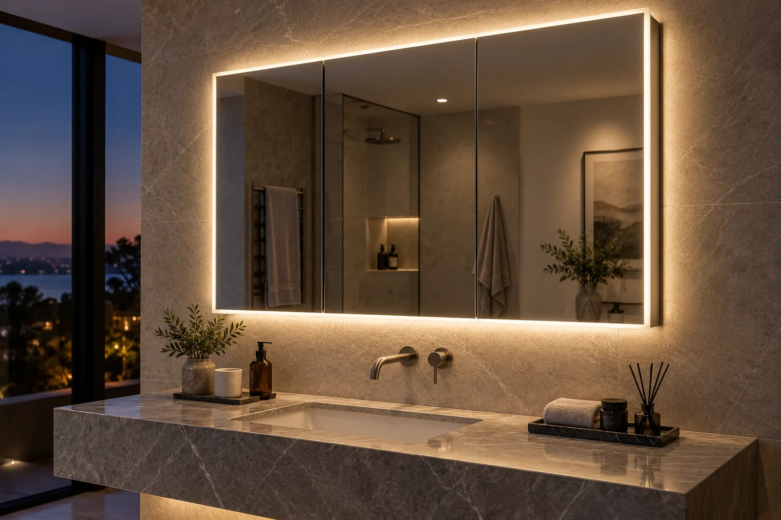 LED backlit bathroom mirror cabinet in a modern bathroom — custom made in Foshan