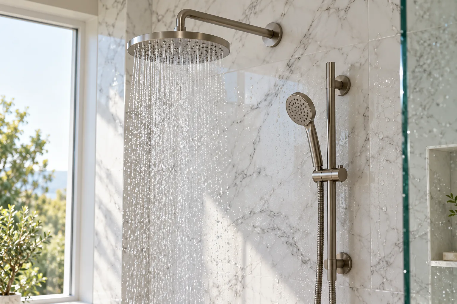 Overhead rain shower head with hand shower on a marble wall — custom made in Foshan