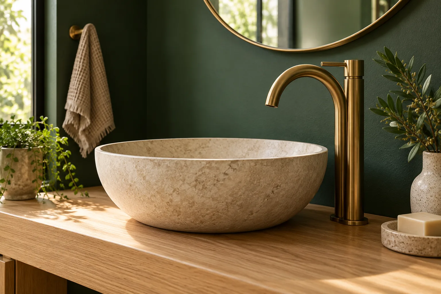 Sculptural vessel sink with a tall mixer tap — custom made in Foshan