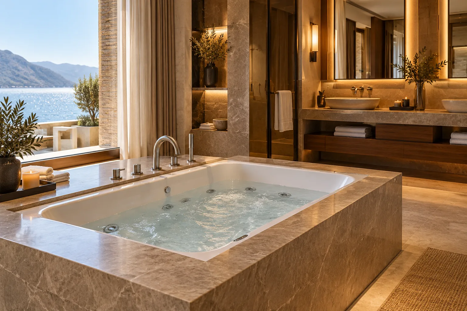 Built-in whirlpool bath with a stone surround in a hotel suite bathroom — custom made in Foshan