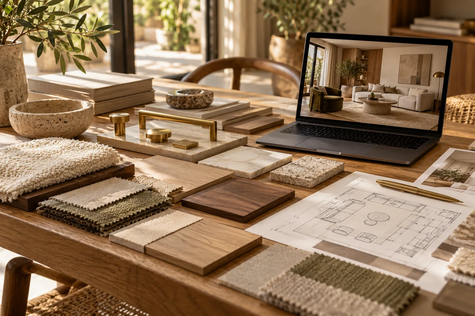Interior design studio worktable with material samples, floor plan sketch and a 3D room rendering — George Group design service