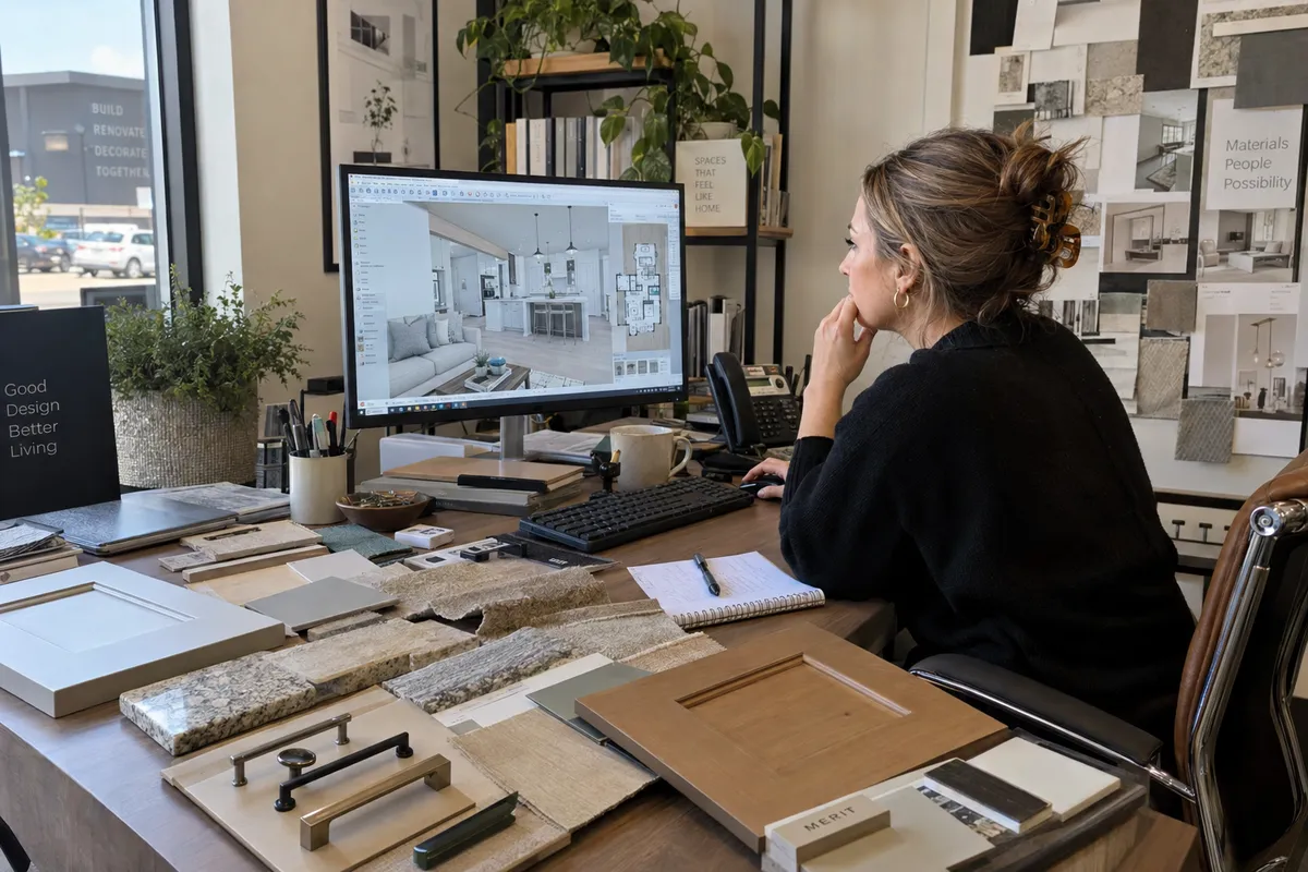 George Group designer planning a whole-home layout on screen in the Foshan studio