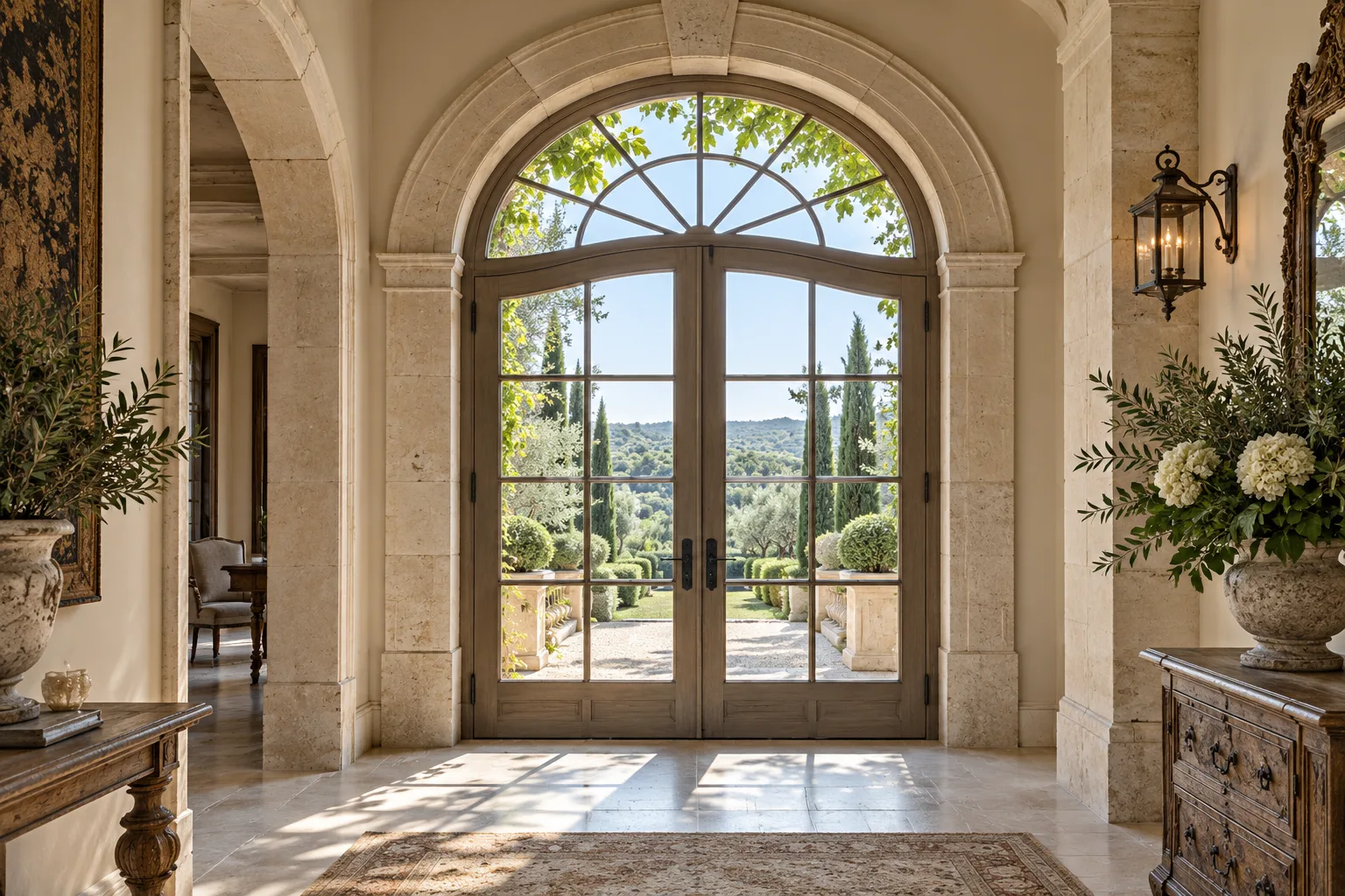 Arched French double doors with a stone surround — custom made in Foshan