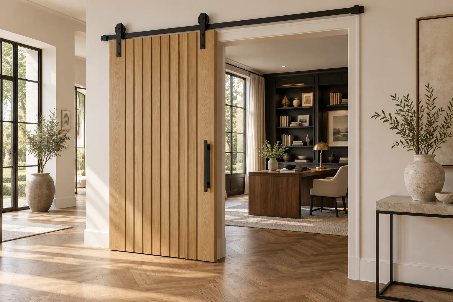 Sliding barn door on an exposed black rail — custom made in Foshan