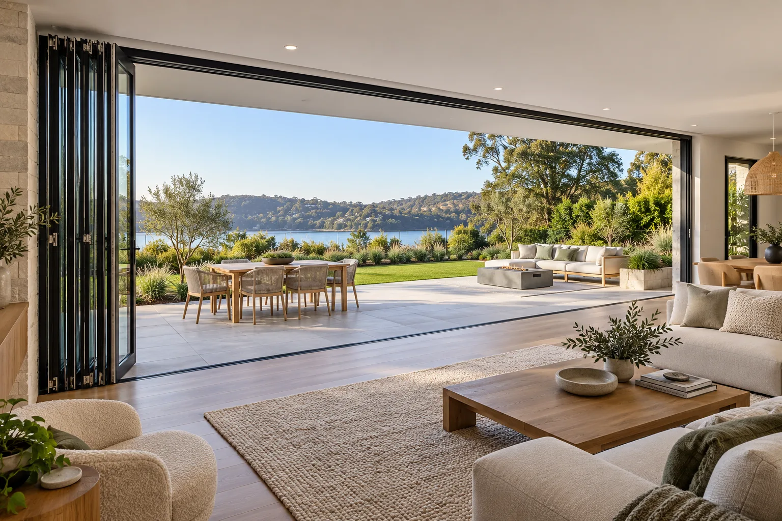 Bi-fold glass doors fully stacked open to a patio — custom made in Foshan