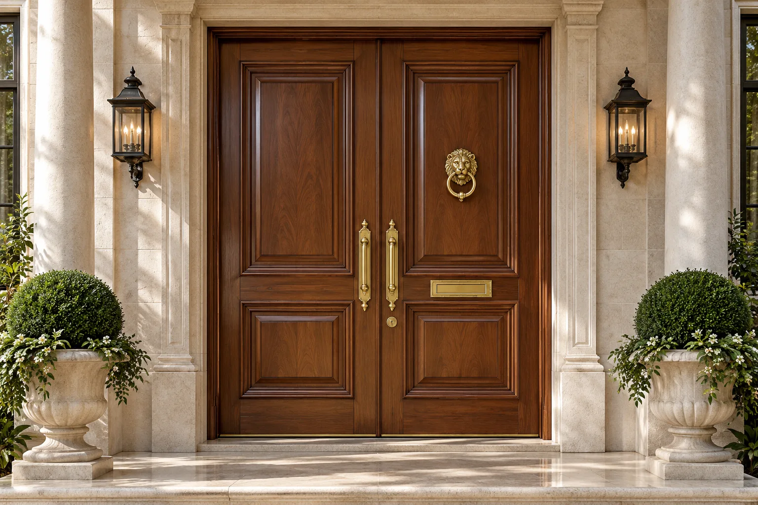 Double-leaf solid timber front door with brass hardware — custom made in Foshan
