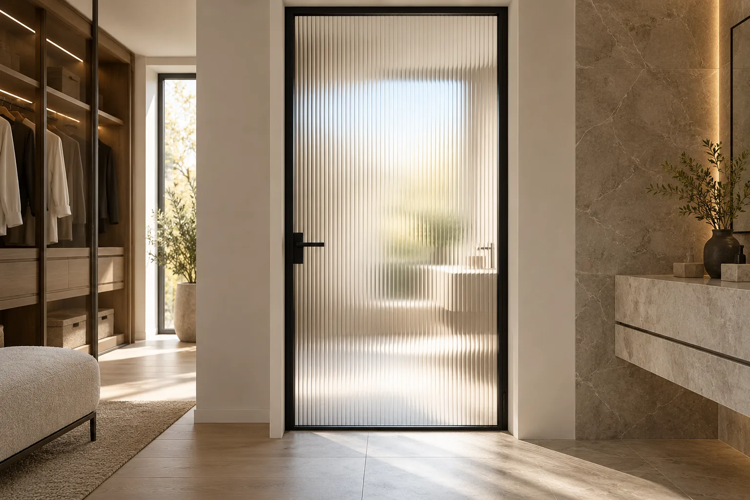 Fluted glass interior door with a slim black frame — custom made in Foshan