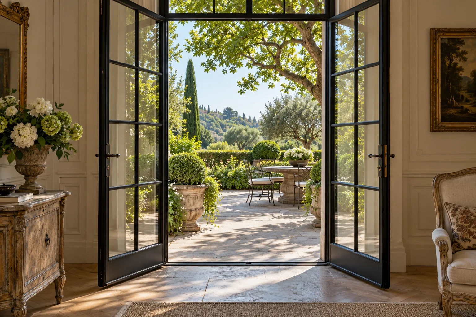 Black steel-look French doors with glazing bars opening to a garden — custom made in Foshan