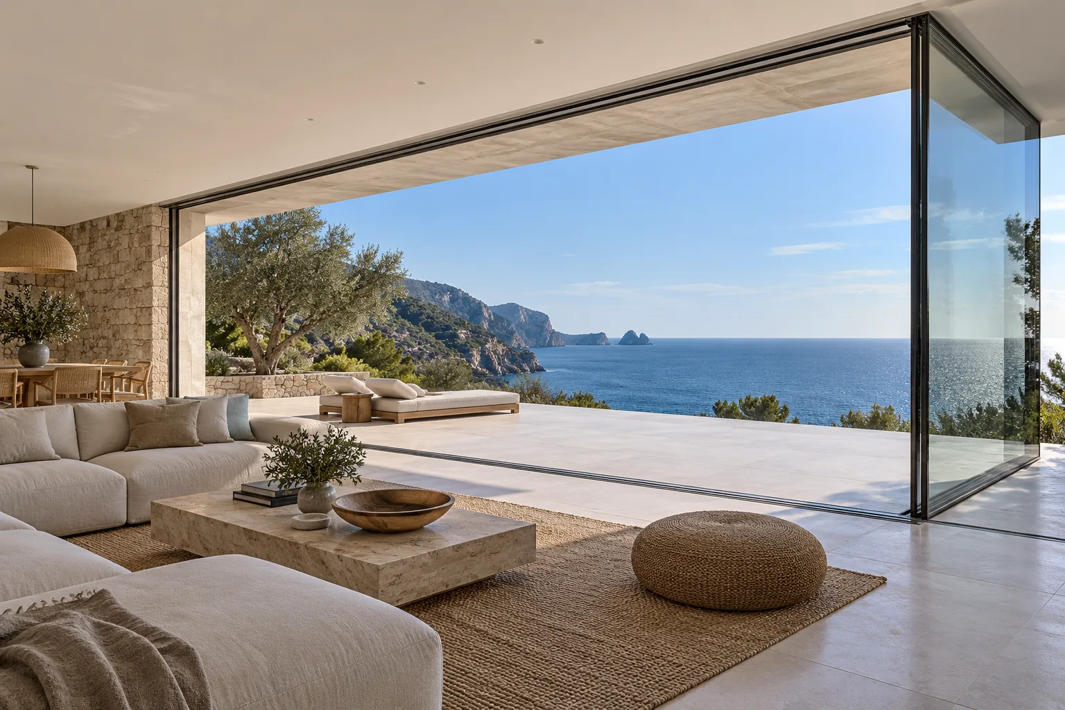 Lift-and-slide patio door with a single giant glass panel and a sea view — custom made in Foshan