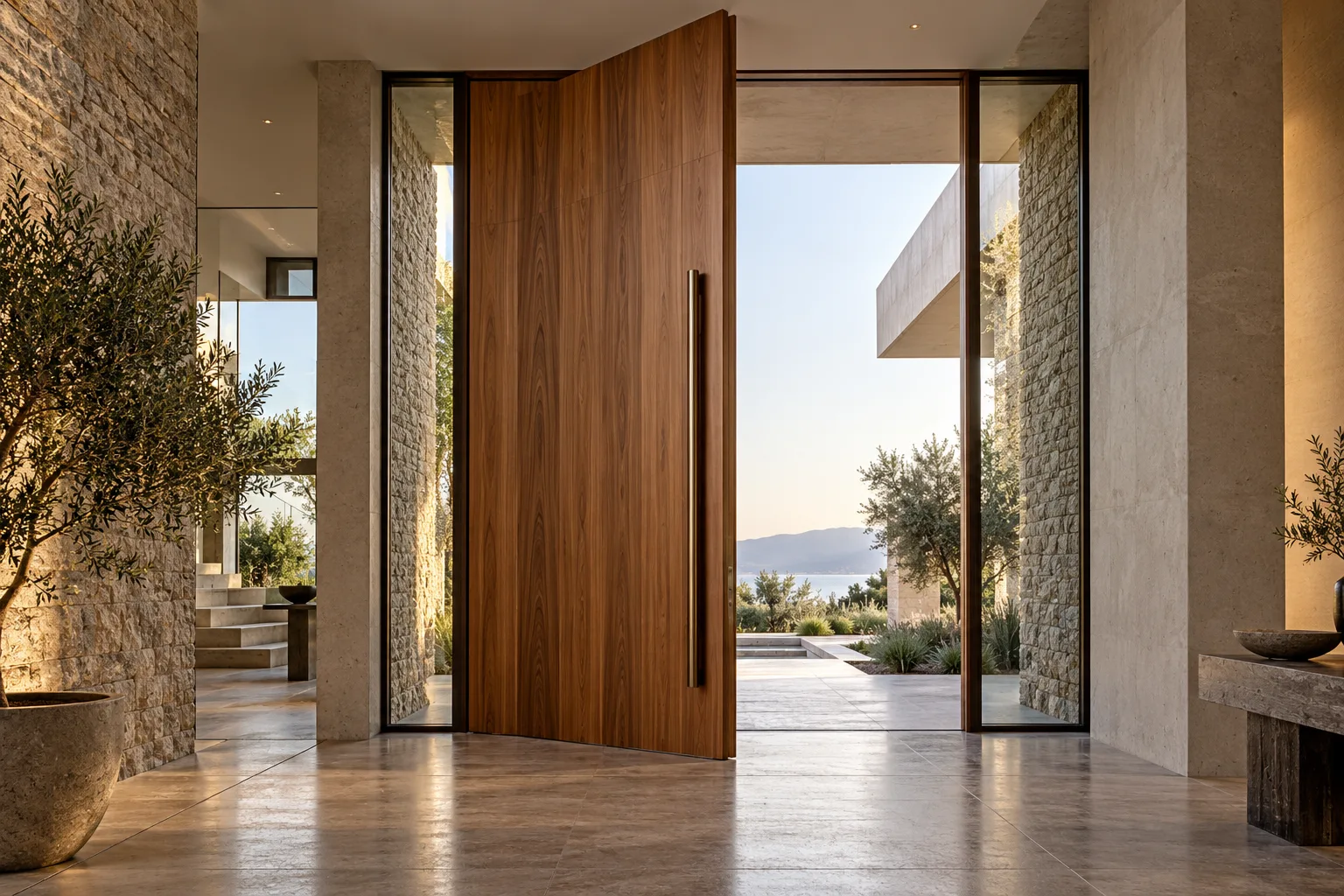 Oversized timber pivot front door on a modern villa — custom made in Foshan