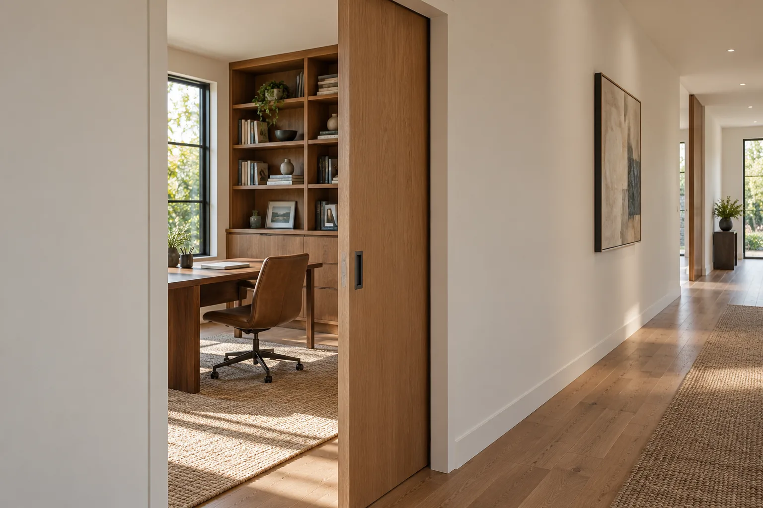 Pocket door half-slid into the wall between study and hallway — custom made in Foshan