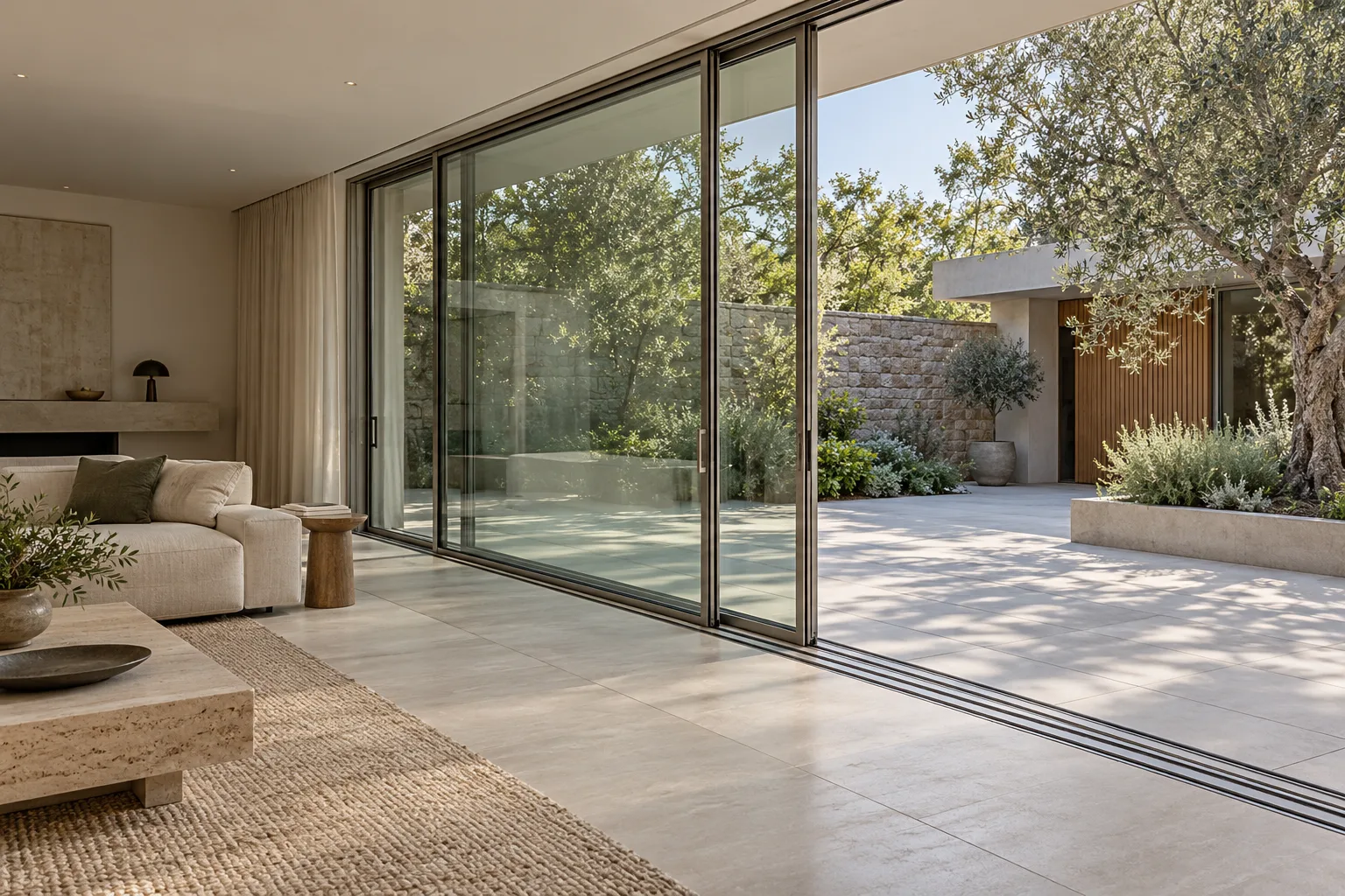Minimal-frame multi-track sliding glass doors in a living room — custom made in Foshan