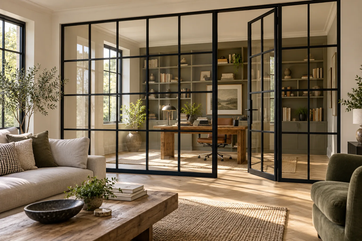 Black steel-look grid glass partition door between living room and study — custom made in Foshan