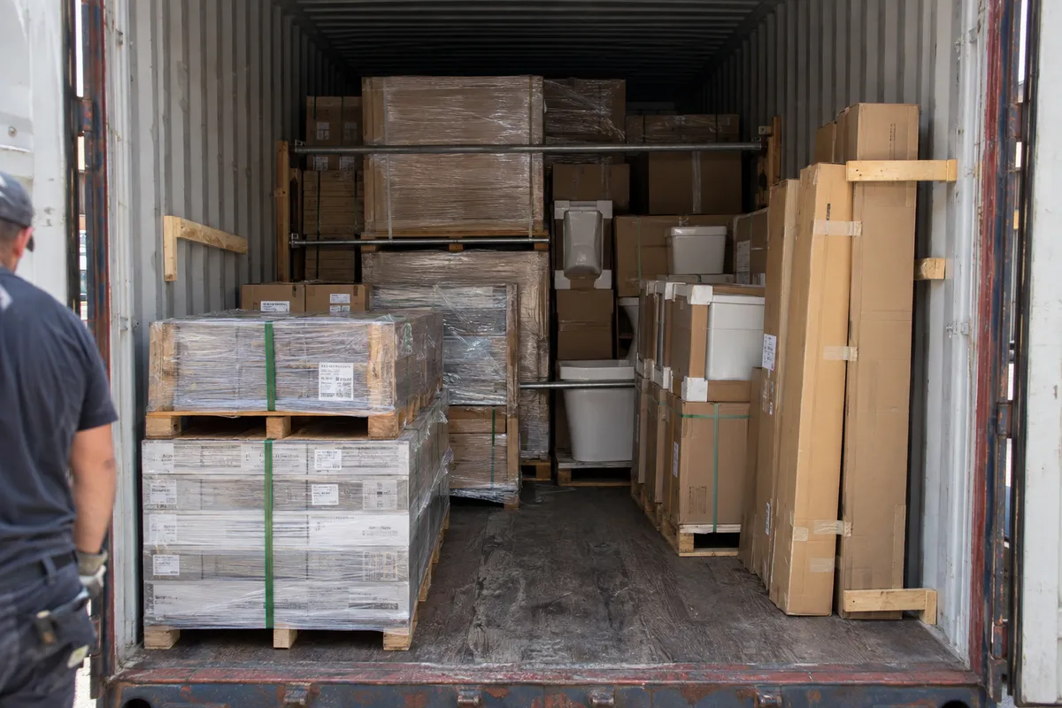Kitchen + wardrobes + stone + lighting — one container, one packing list