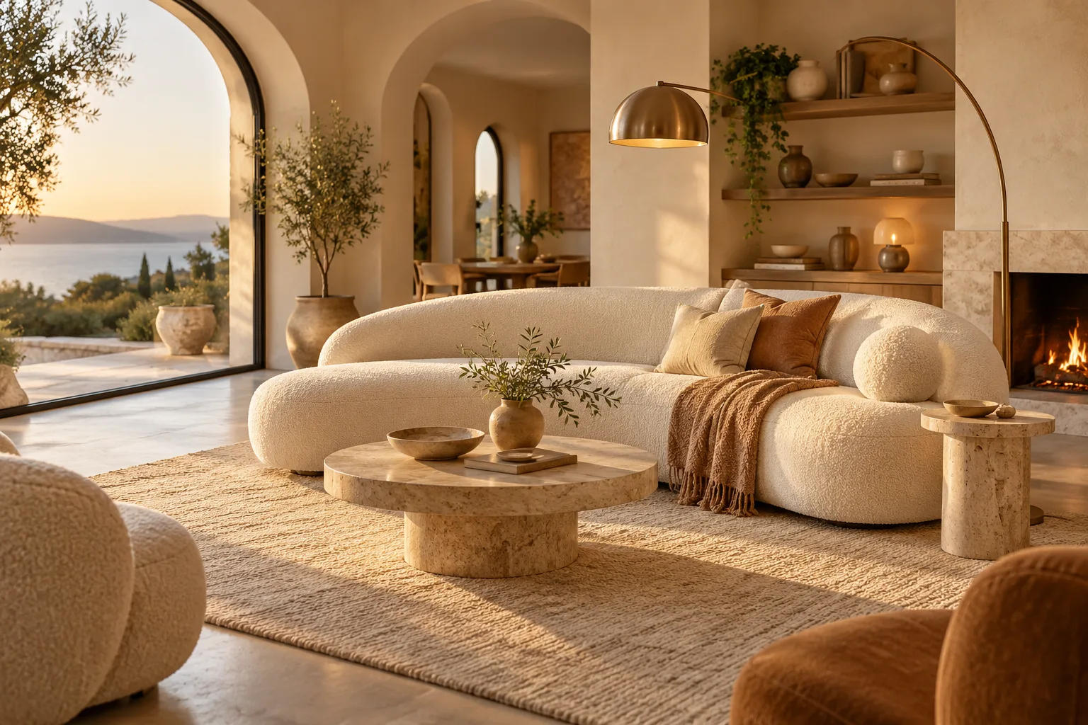 Curved boucle sofa in a warm minimal living room — custom made in Foshan