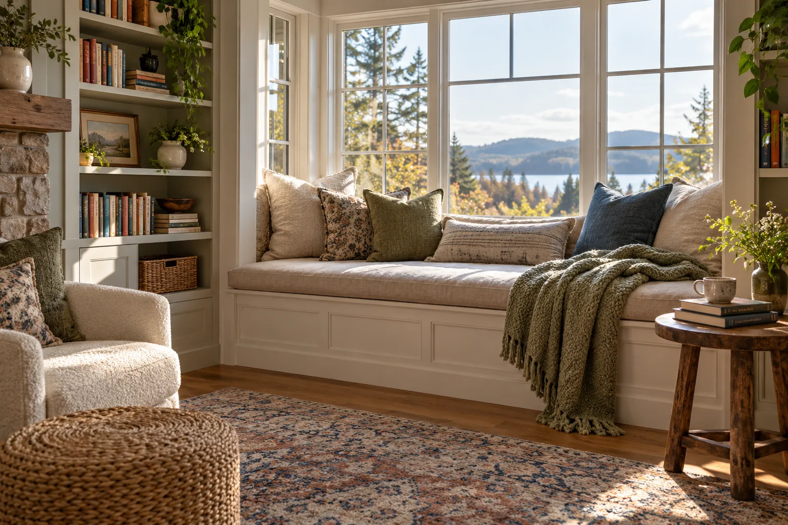 Built-in window daybed with cushions in a reading nook — custom made in Foshan