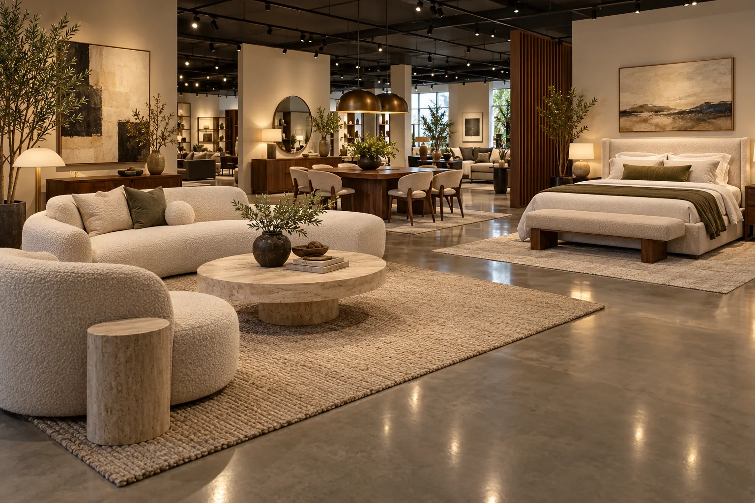Furniture showroom floor with sofas, dining sets and bedroom pieces on display in Foshan