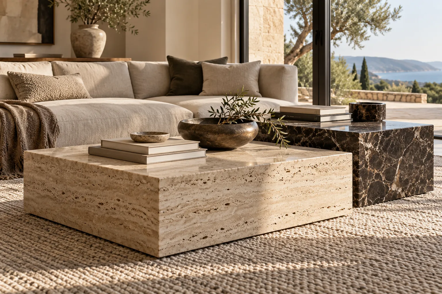 Travertine and marble coffee table set in a lounge — custom made in Foshan