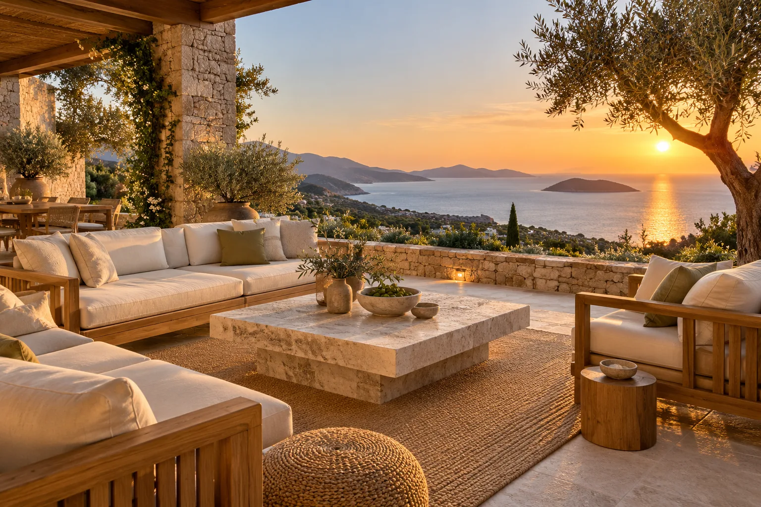 Teak outdoor lounge set on a terrace at golden hour — custom made in Foshan