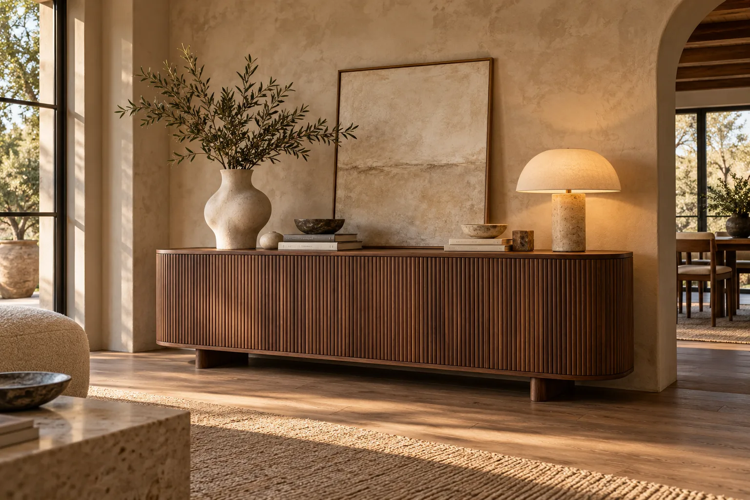 Fluted walnut sideboard cabinet with styled decor in a dining space — custom made in Foshan