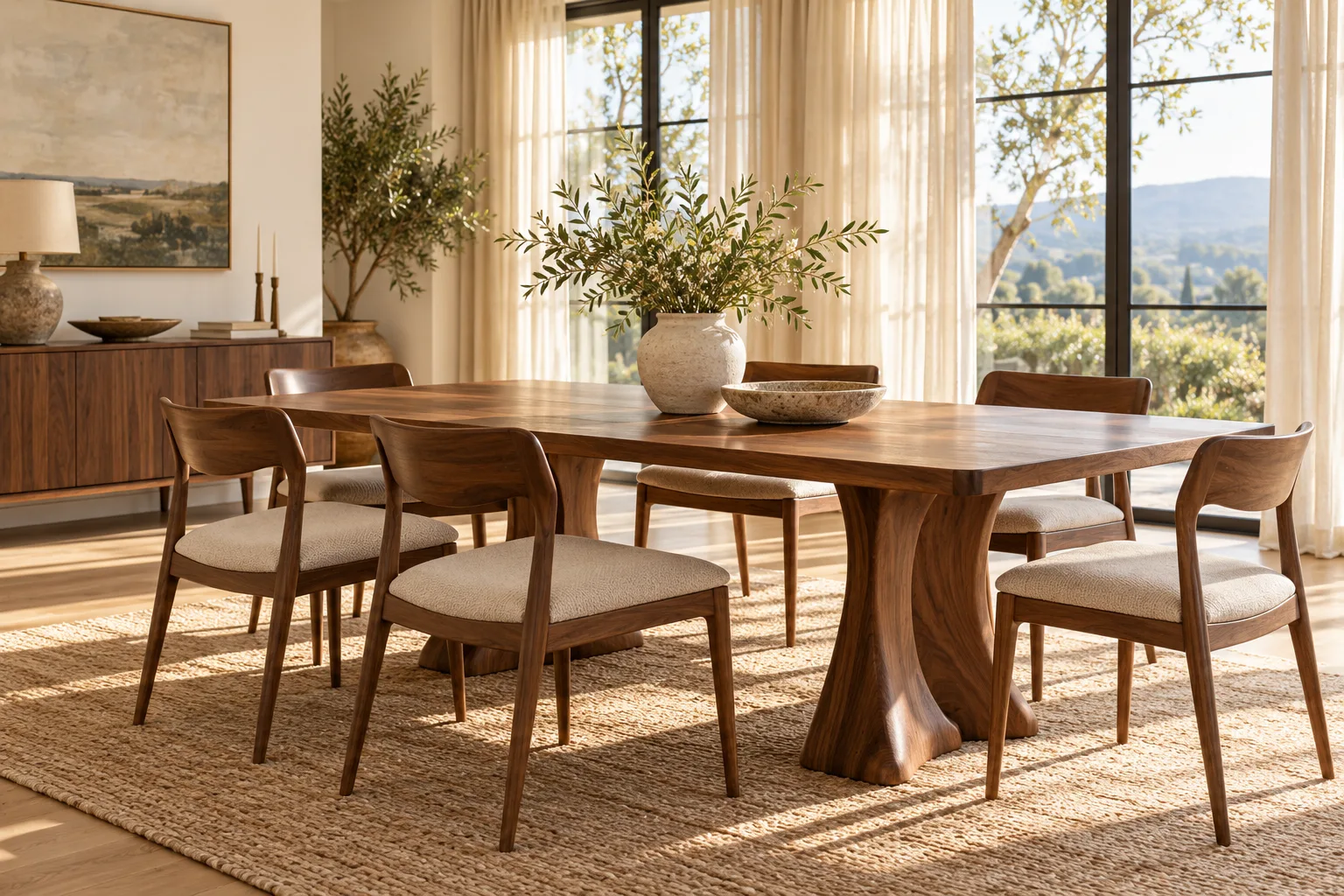 Solid walnut dining table set with matching chairs in a bright dining room — custom made in Foshan