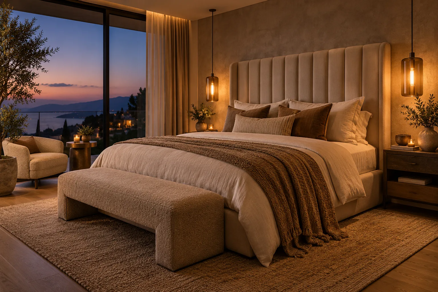 Upholstered bed with a tall headboard in a boutique bedroom — custom made in Foshan