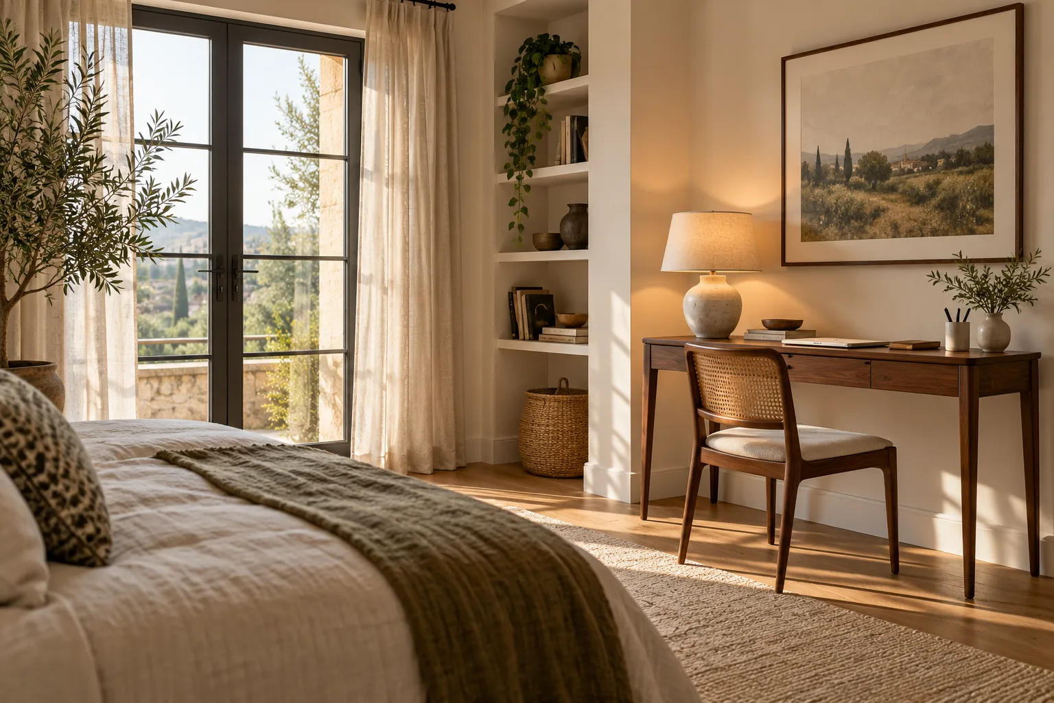 Walnut writing desk with a table lamp in a bedroom work corner — custom made in Foshan