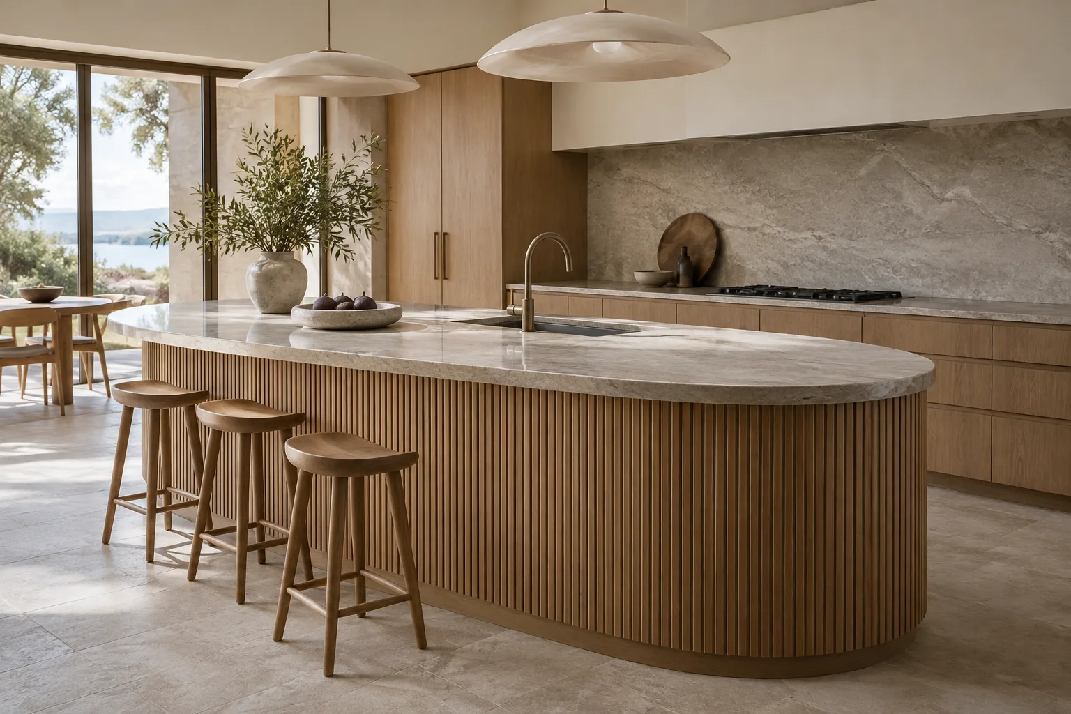 Curved fluted oak kitchen island with a radiused stone worktop — custom made in Foshan