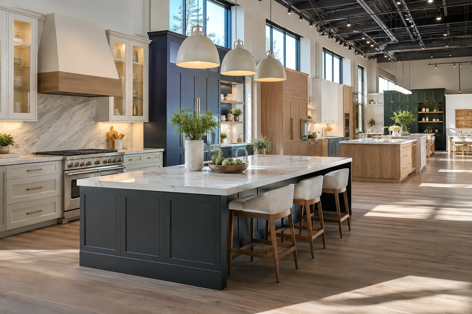 Custom kitchen cabinets on display in our Foshan showroom