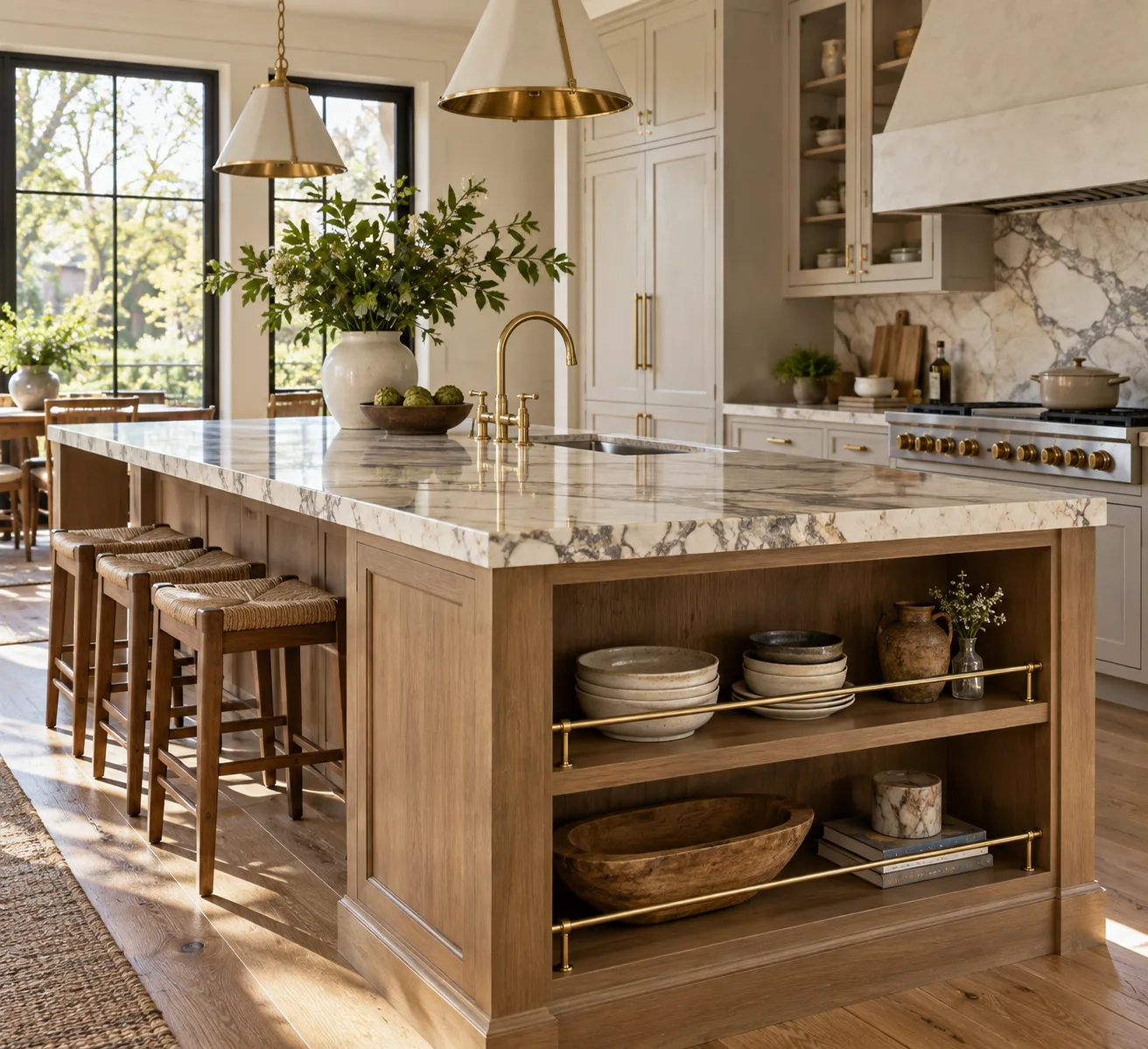 Kitchen island with open storage shelving and brass detailing — custom made in Foshan