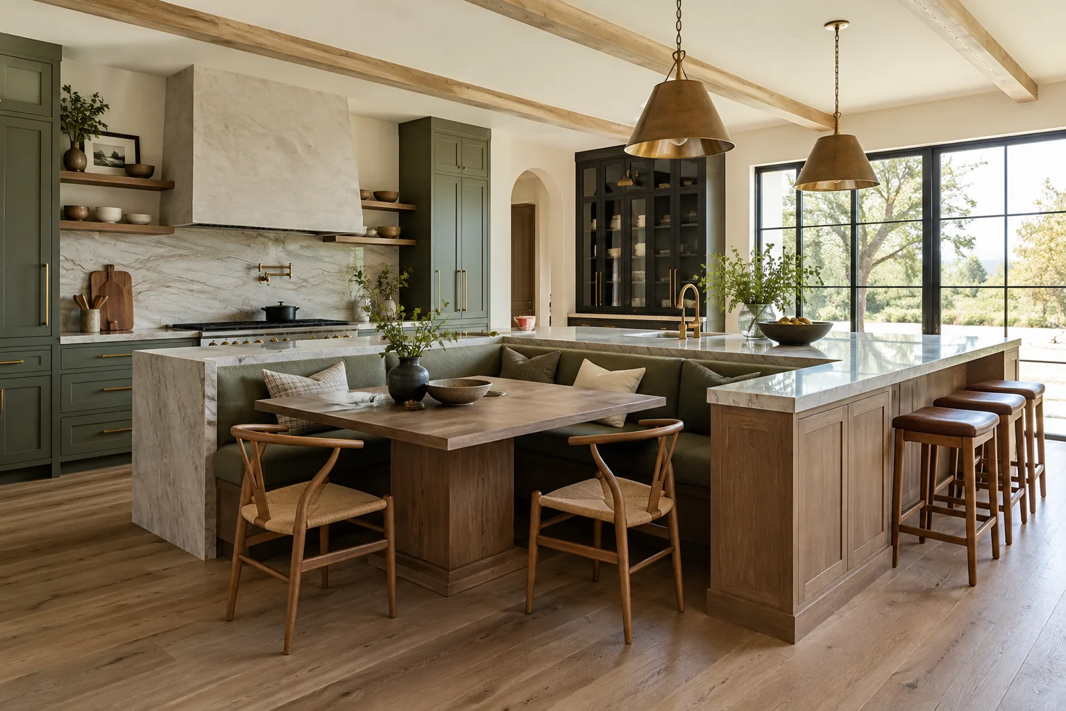 L-shaped kitchen island with a built-in seating nook — custom made in Foshan