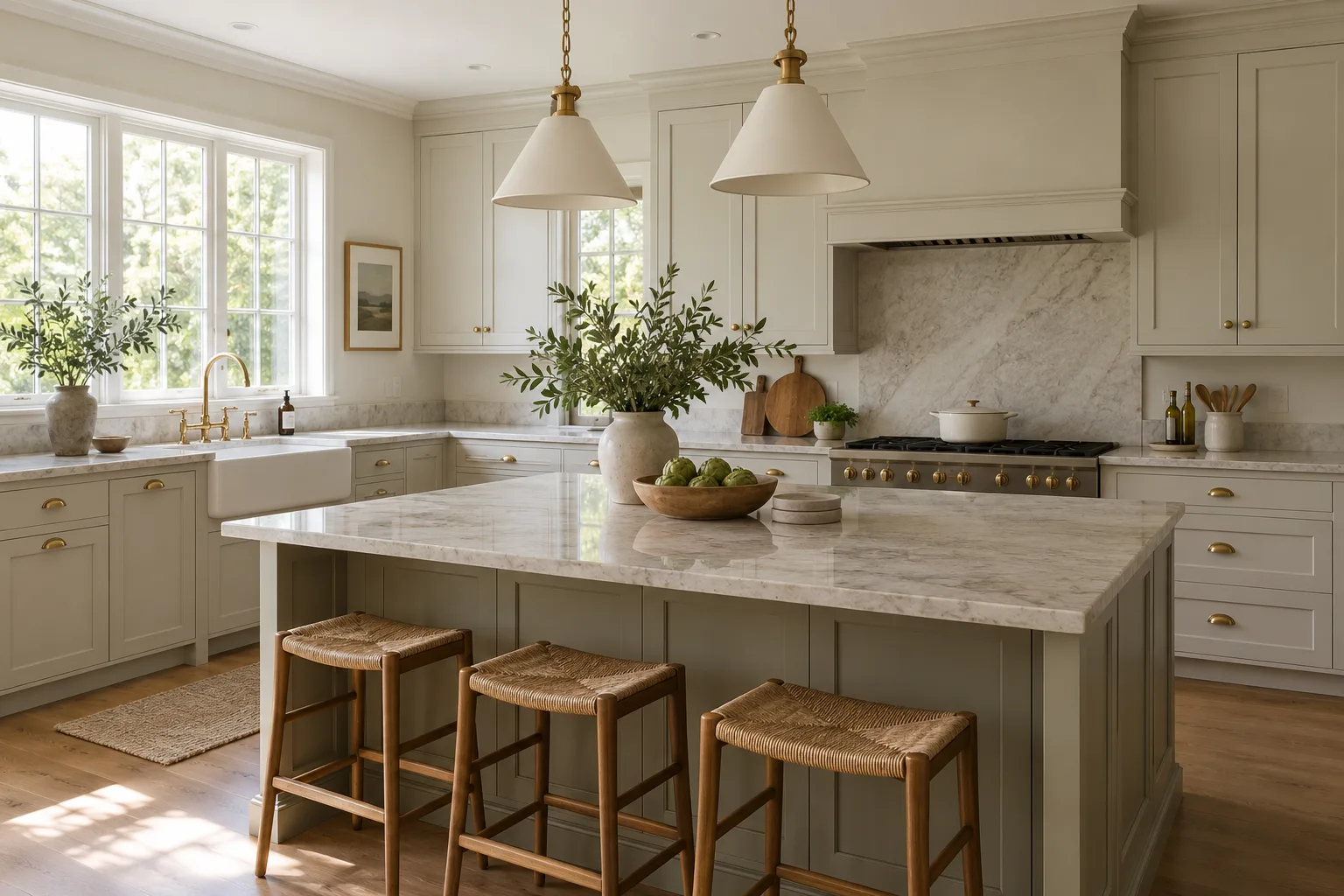 Shaker kitchen cabinets with a coordinated stone worktop