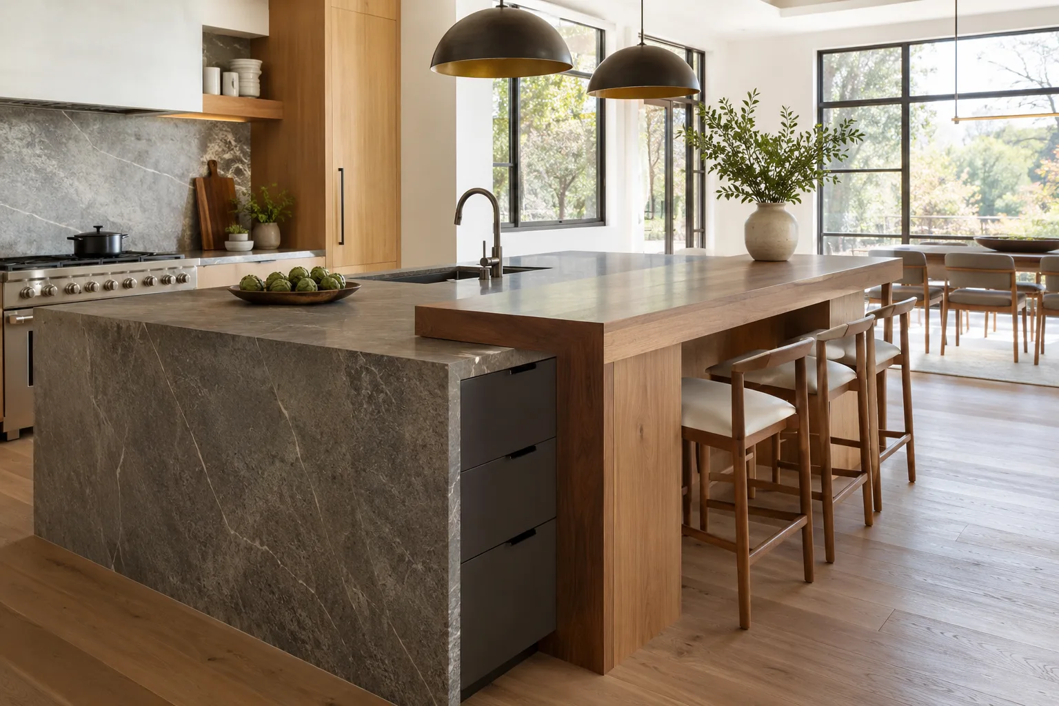 Split-level kitchen island with stone prep zone and raised timber breakfast bar — custom made in Foshan