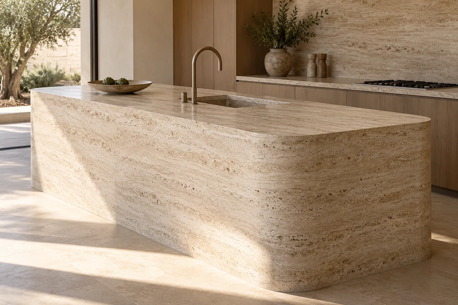 Monolithic travertine stone kitchen island with rounded corners and integrated sink — custom made in Foshan