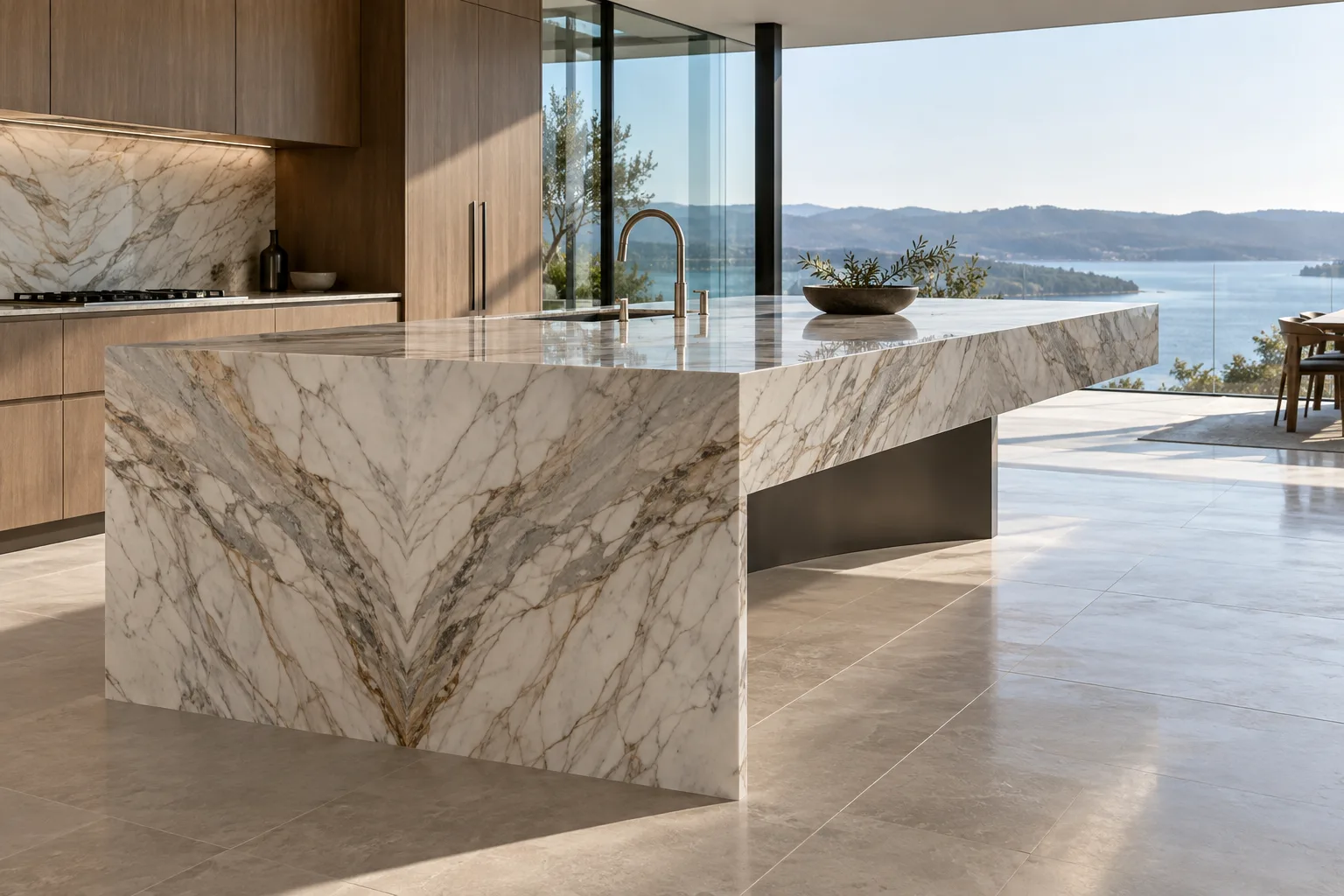 Waterfall kitchen island with cantilevered book-matched stone — custom made in Foshan