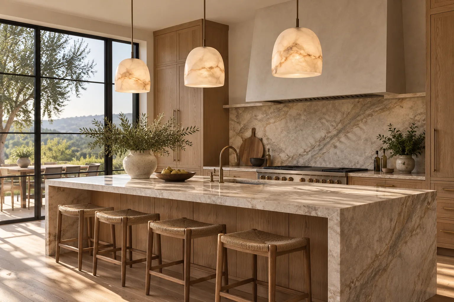 Alabaster pendant lights glowing over a kitchen island — custom made in Foshan