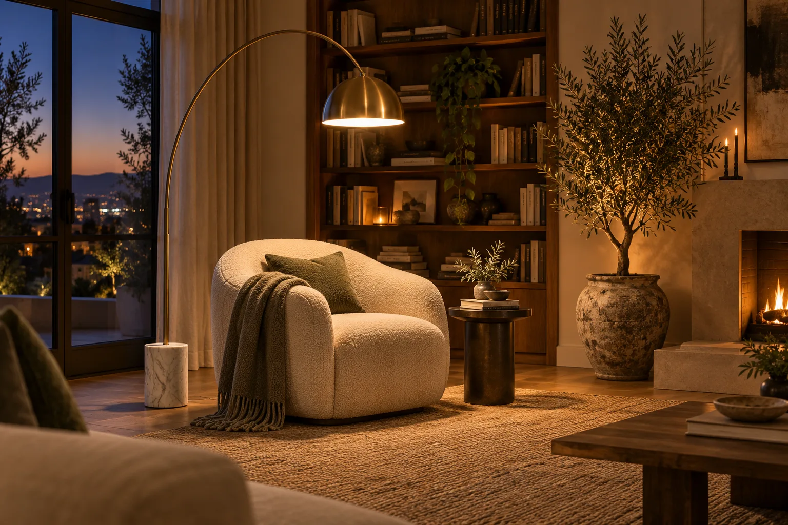 Arc floor lamp with a marble base over a reading corner — custom made in Foshan