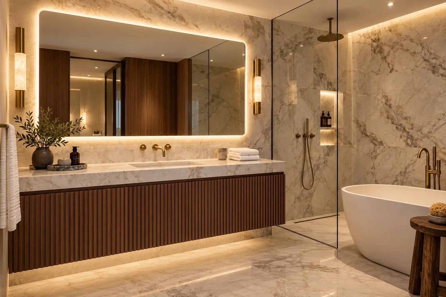 Backlit LED mirror with vanity lights in a hotel bathroom — custom made in Foshan