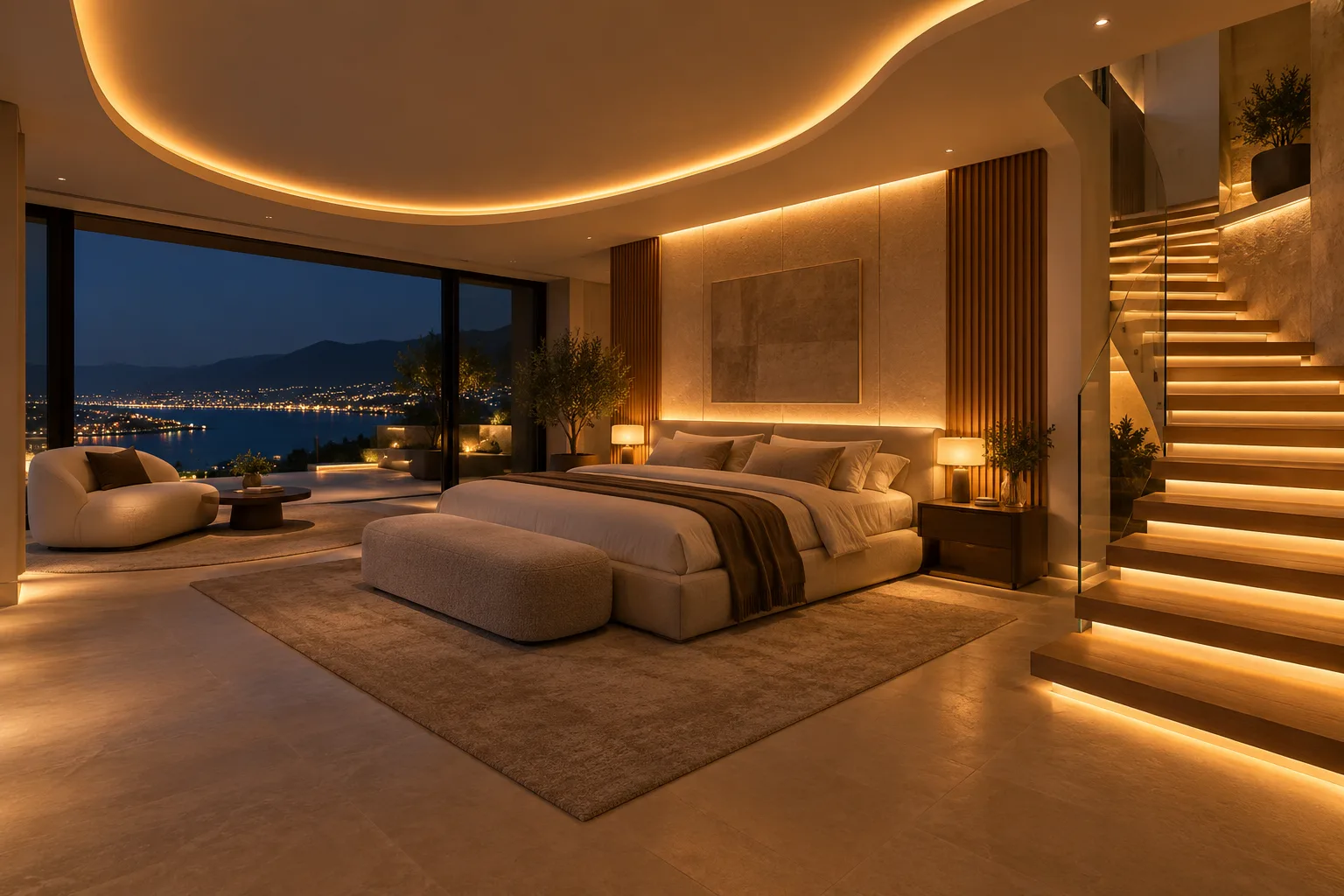 Warm LED strip cove lighting grazing a curved ceiling and staircase — custom made in Foshan
