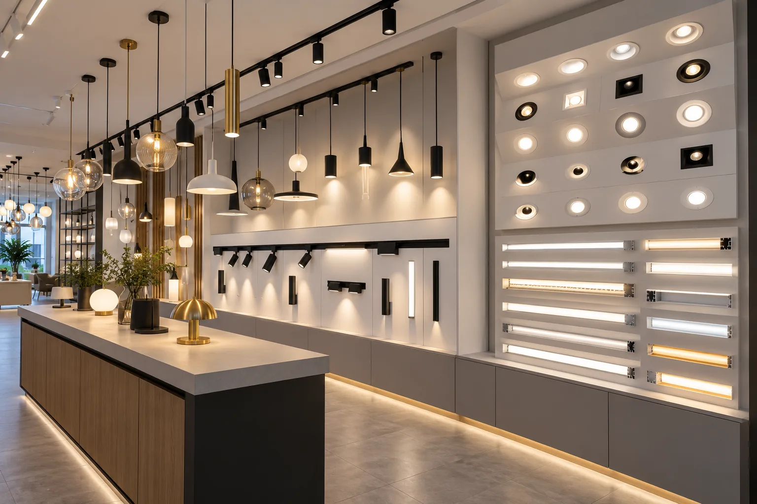 Lighting showroom display with pendant lights, track systems and downlight samples in Foshan