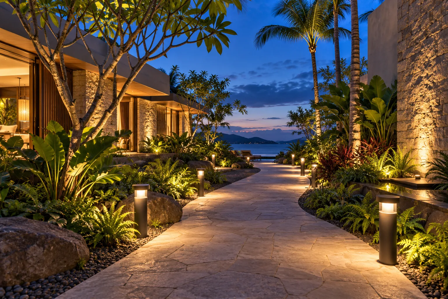 Garden path with low outdoor bollard lights and facade uplighting at dusk — custom made in Foshan