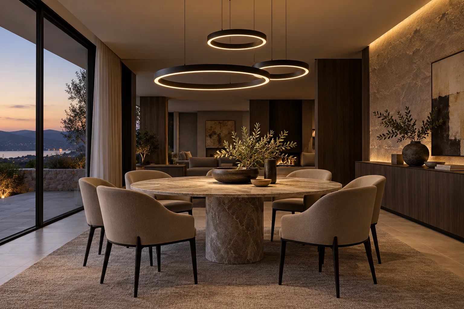 Cluster of slim LED ring pendant lights over a dining table — custom made in Foshan