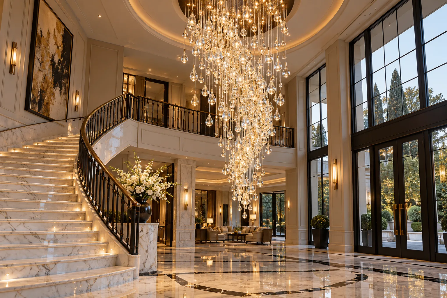 Cascading glass chandelier in a double-height villa stairwell — custom made in Foshan