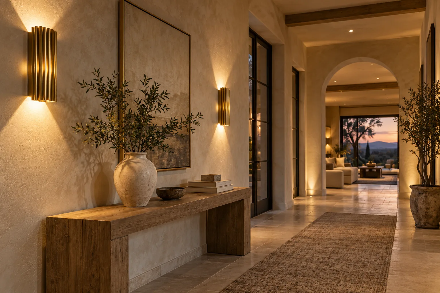 Sculptural brass wall sconces washing light along a hallway — custom made in Foshan
