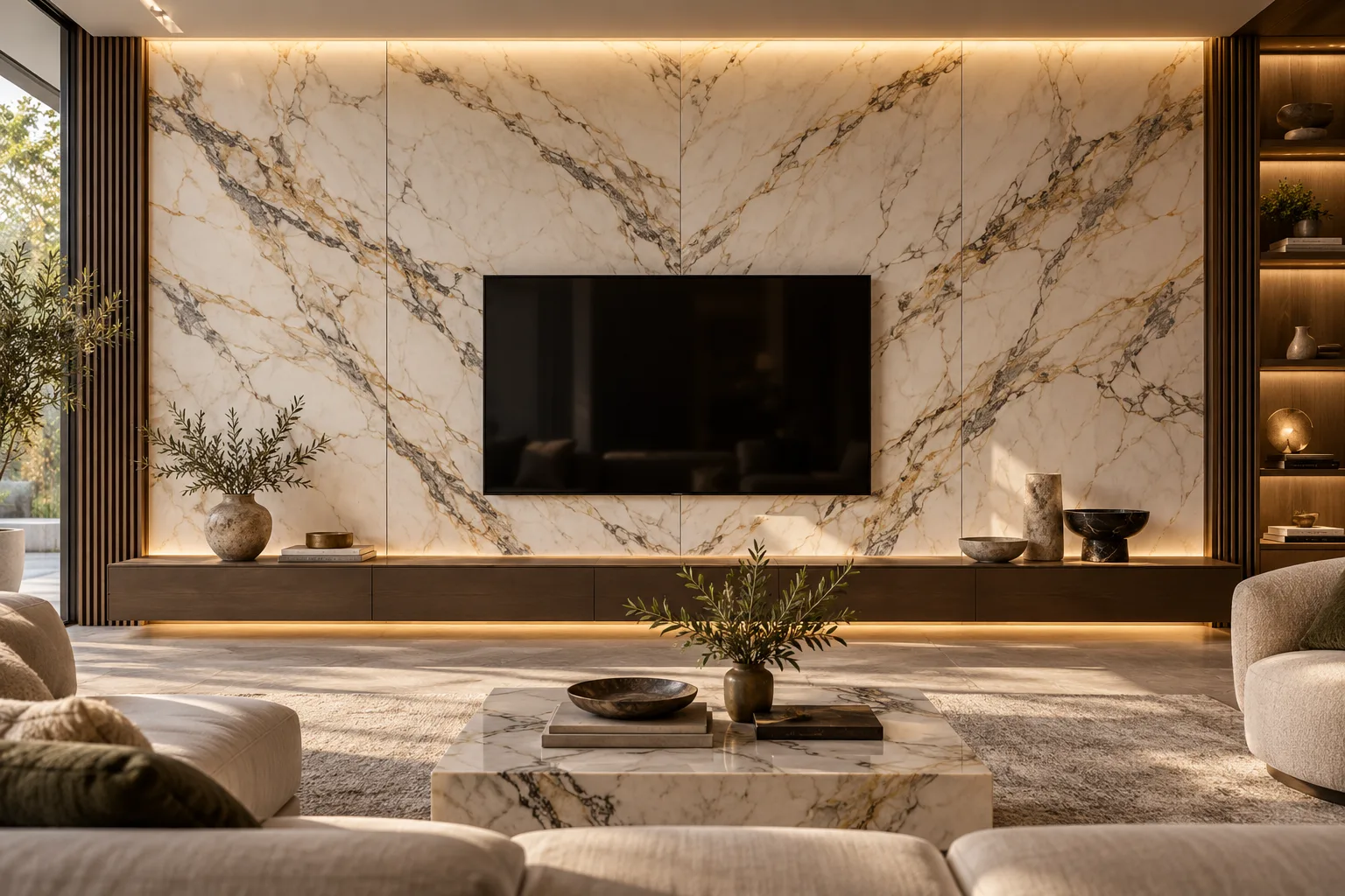 Book-matched marble TV feature wall in a living room — custom fabricated in Foshan